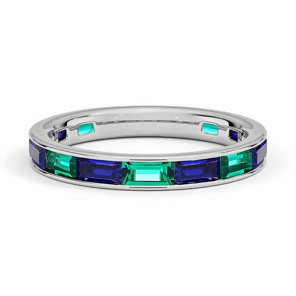 Channel Set Baguette Lab Sapphire and Lab Emerald Promise Ring Band Luxury Impression
