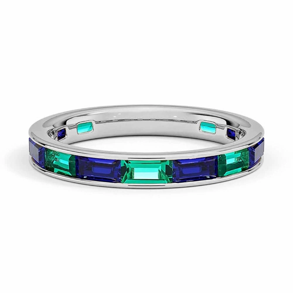 Channel Set Baguette Lab Sapphire and Lab Emerald Promise Ring Band Timeless Charm
