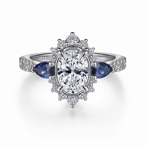 June - 14K White Gold Fancy Three Stone Halo Sapphire and Diamond Engagement Ring Everyday Touch