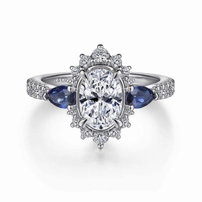 June - 14K White Gold Fancy Three Stone Halo Sapphire and Diamond Engagement Ring Inspired Touch