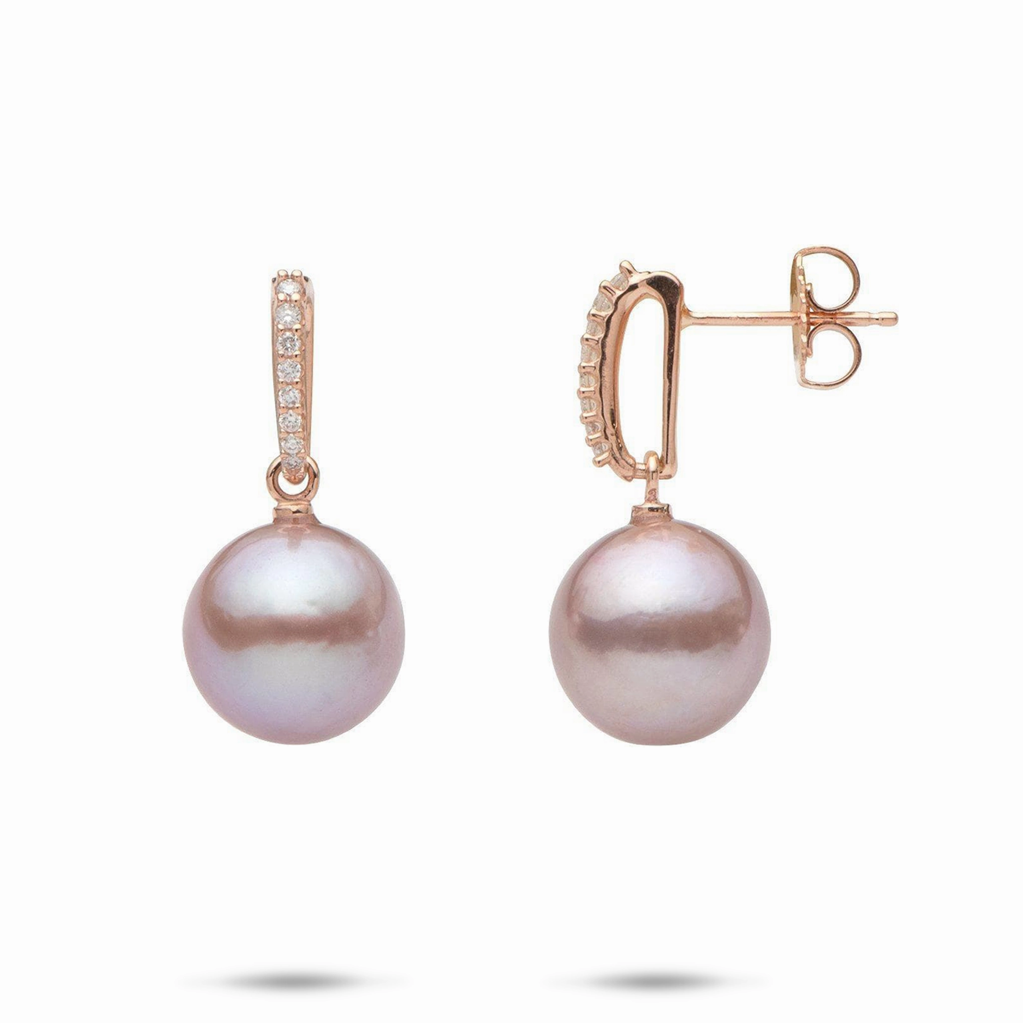 Lilac Freshwater Pearl Earrings in Rose Gold with Diamonds - 11-12mm Understated Form Fashion Gift