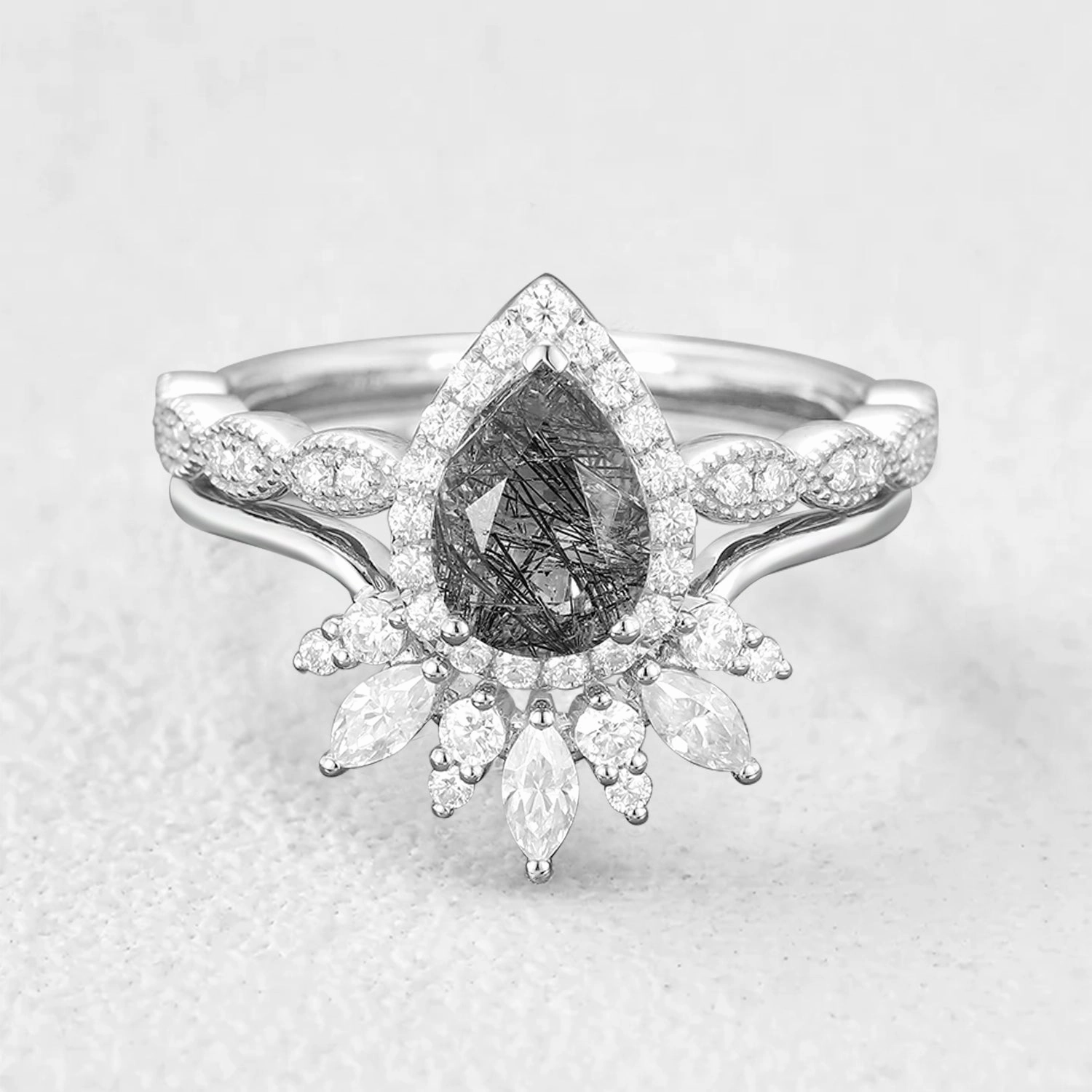 Vintage Pear Shaped Black Rutilated Quartz Engagement Ring Set 2pcs Layered Look Ornate Accent