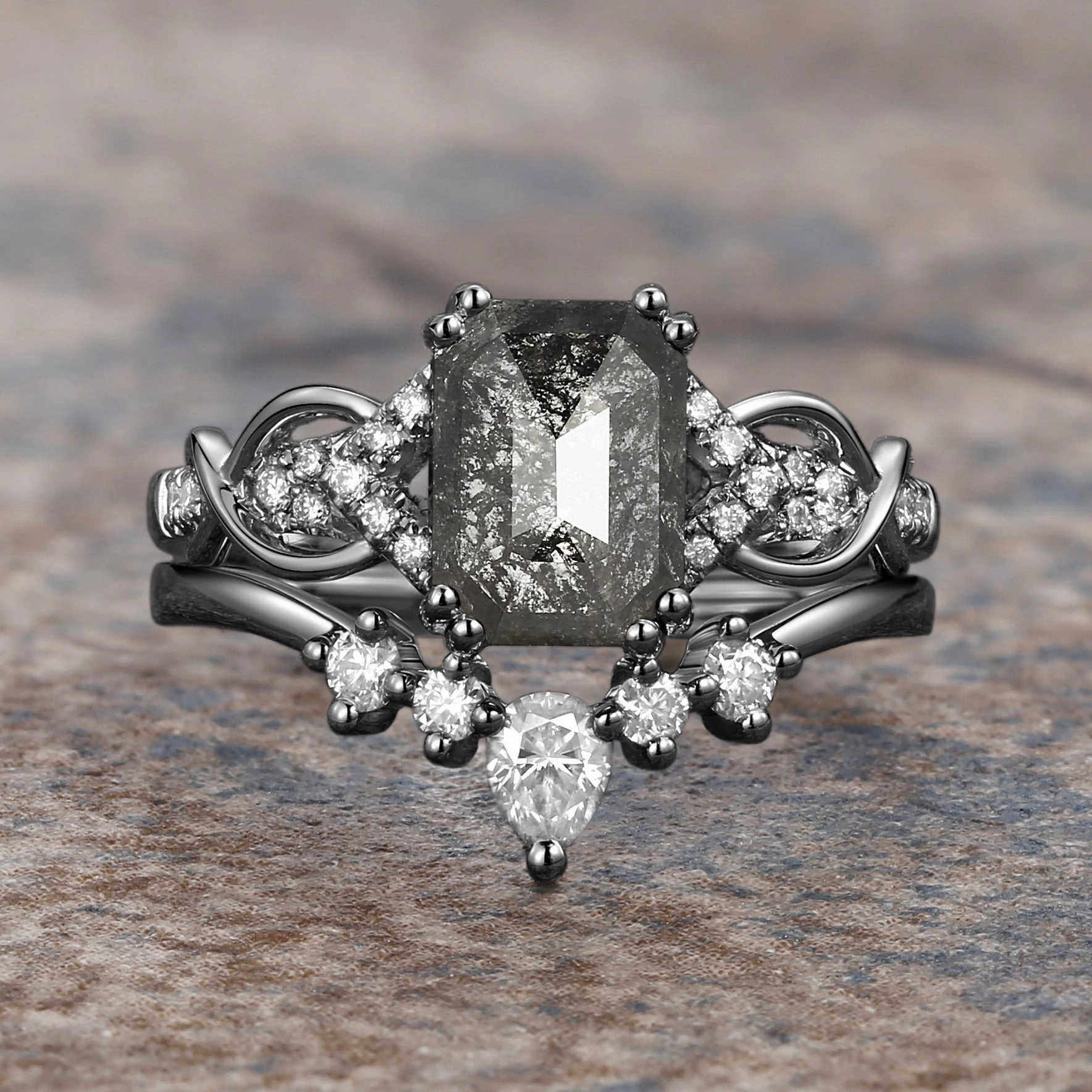 Cushion Cut Salt and Pepper Diamonds Vintage Engagement Ring Sets 2pcs Neutral palette Trendy Outfit