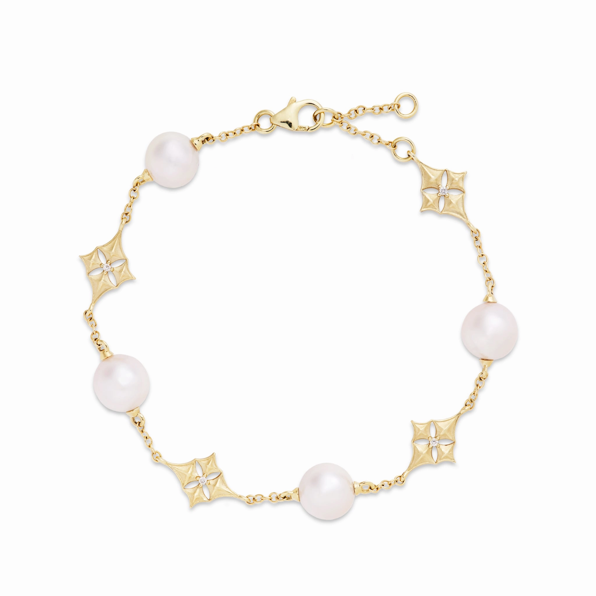7-8" Hawaiian Quilted Star Akoya White Pearl Bracelet in Gold with Diamonds - 8mm Stylish Accent Special Look
