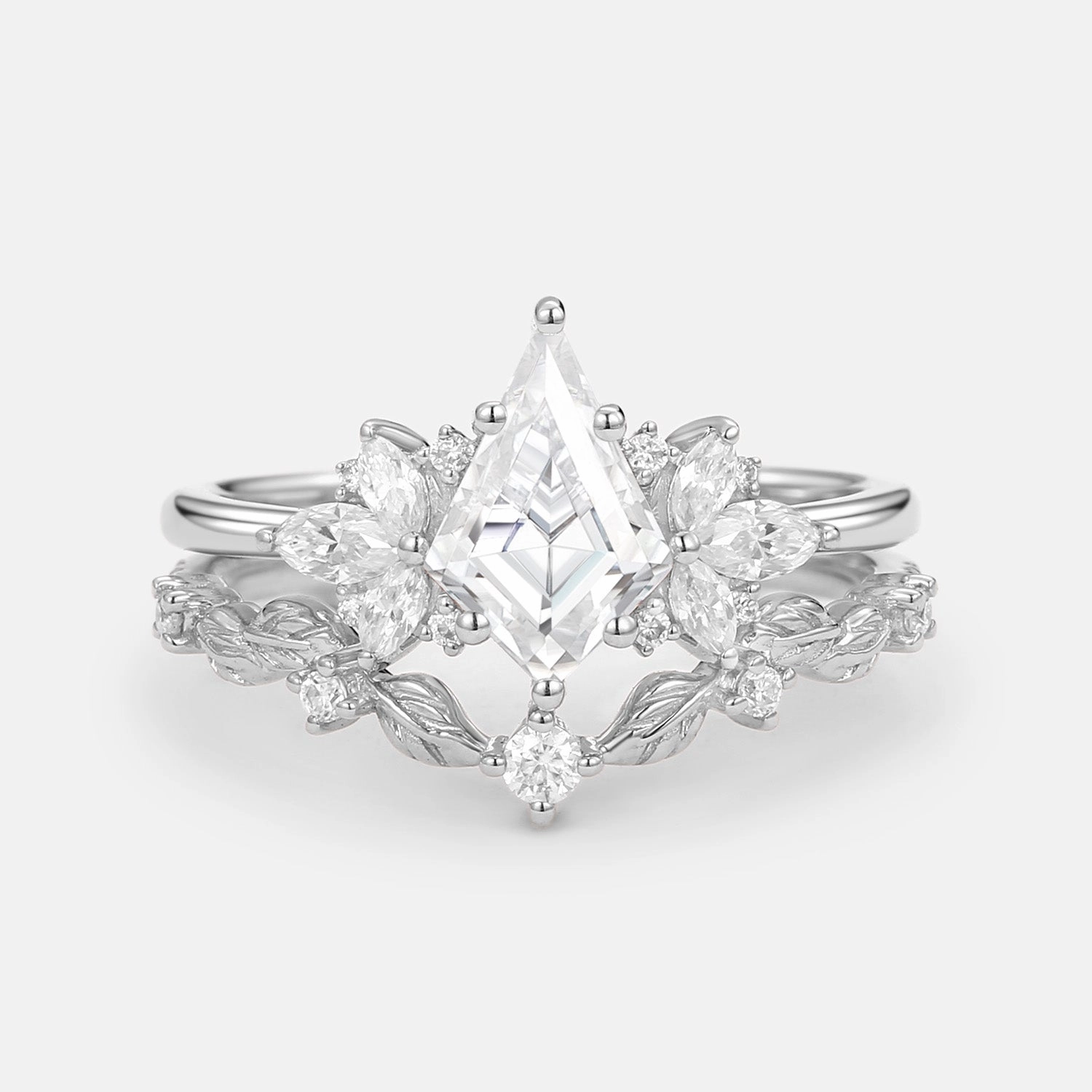 Structured Accent Styled Accent Unique Kite Cut Moissanite Butterfly Cluster Ring Set 2pcs