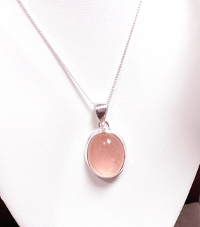 Oval Rose Quartz Pendant In Classic Sterling Setting Opulent Look Bridal Look