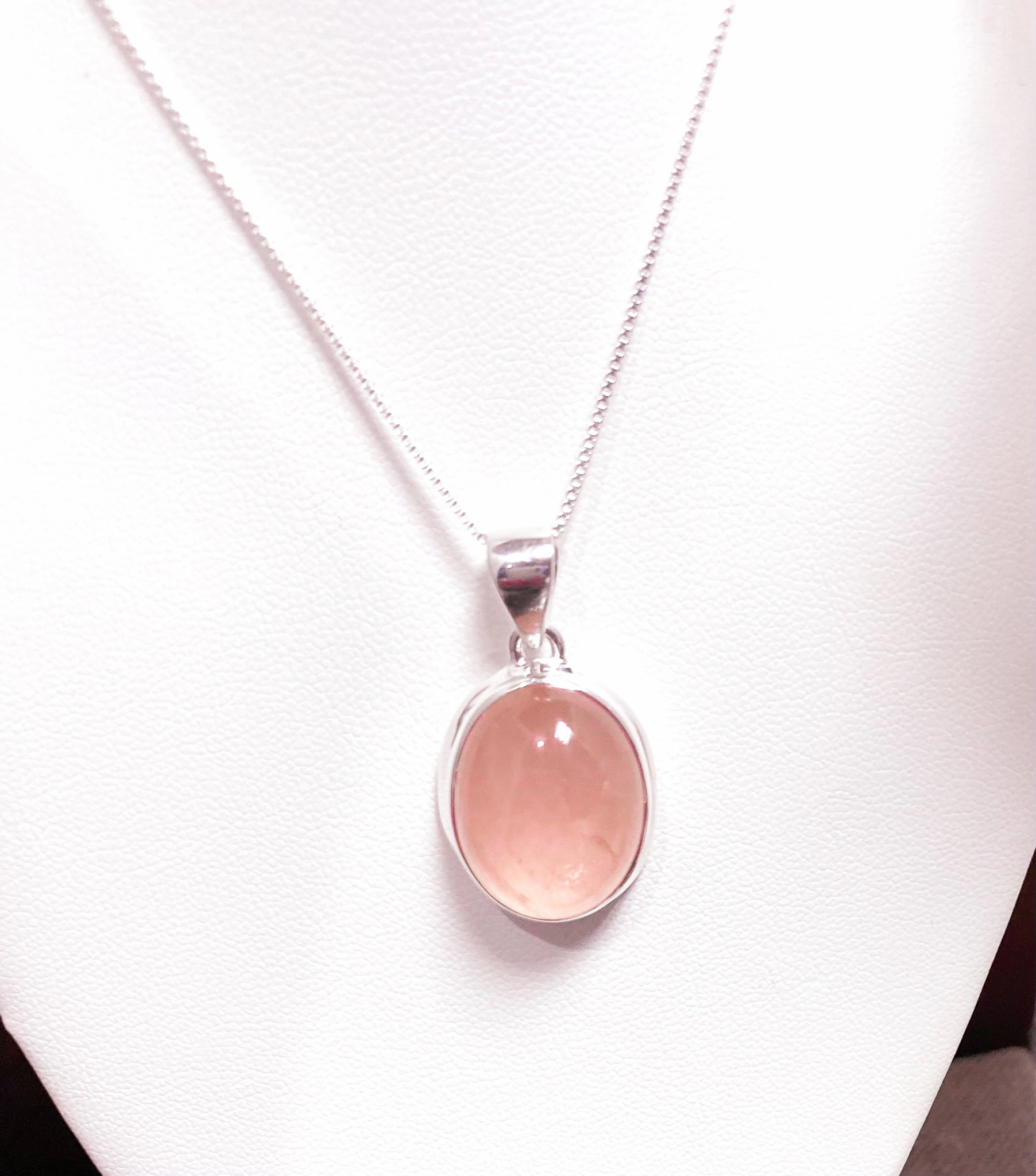 Oval Rose Quartz Pendant In Classic Sterling Setting Opulent Look Bridal Look