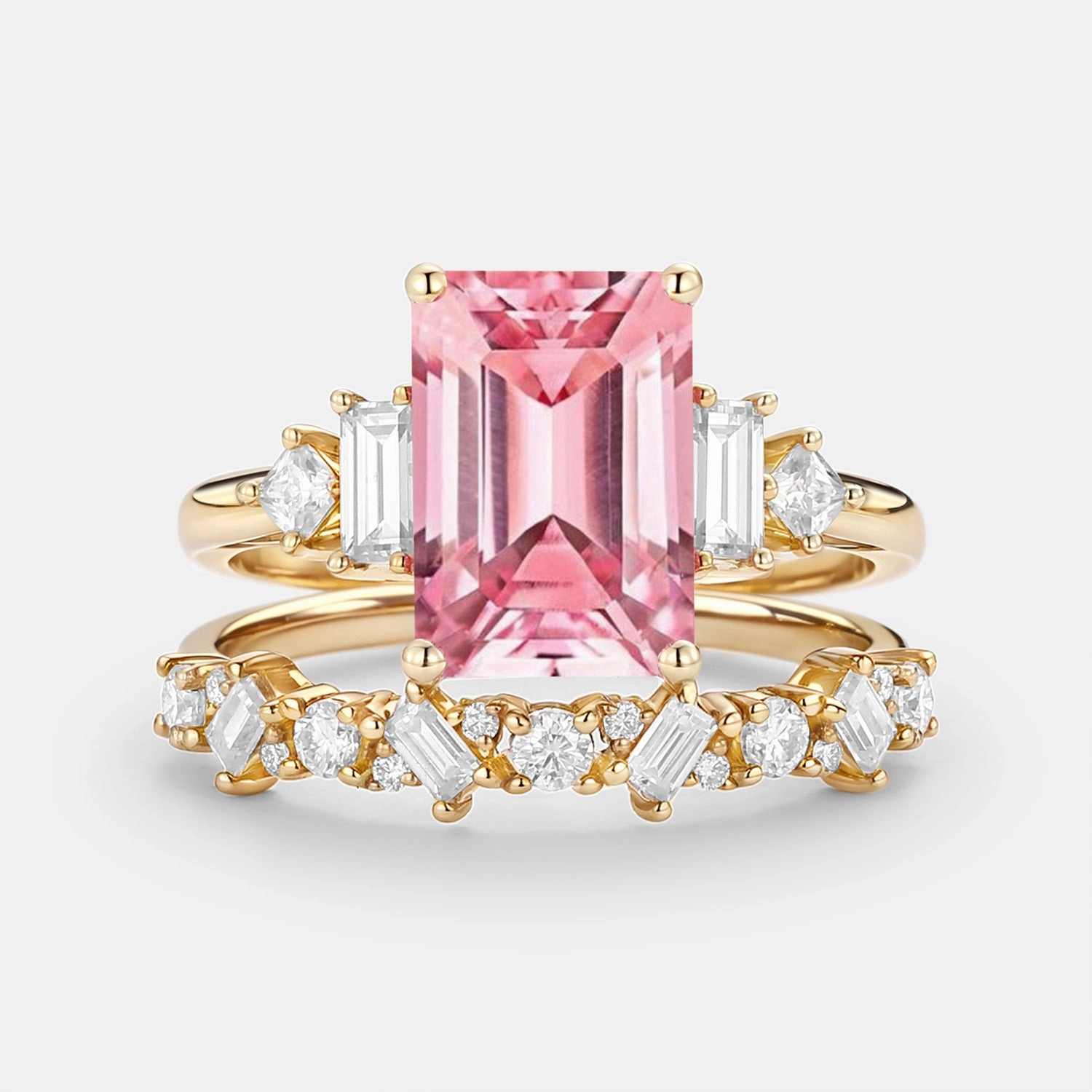 Emerald Cut Cluster Lab Pink Sapphire Yellow Gold Ring Set 2pcs - Peau Radiant Finish