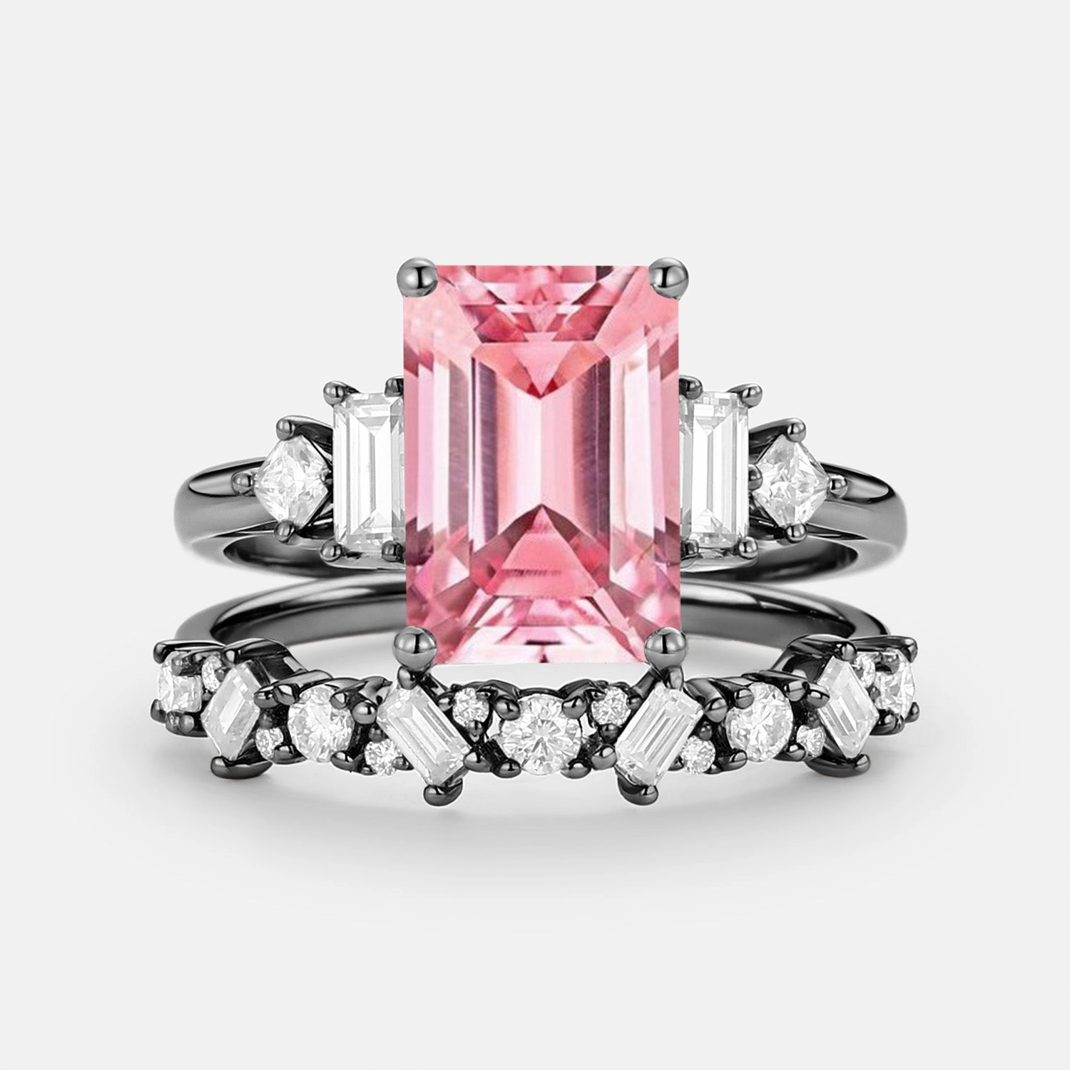 Emerald Cut Cluster Lab Pink Sapphire Yellow Gold Ring Set 2pcs - Peau Glossy Touch