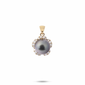 Dainty Design Plumeria Tahitian Black Pearl Pendant in Gold with Diamonds - 9-10mm