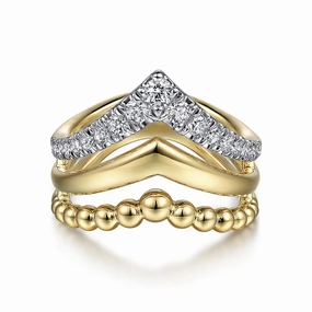 Handmade Shine Understated Elegance 14K Yellow Gold Triple Row Bujukan Chevron Diamond Ring
