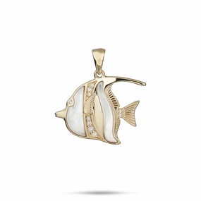 Sealife Angelfish Mother of Pearl Pendant in Gold with Diamonds - 23mm Shiny Jewels Elegant Jewelry