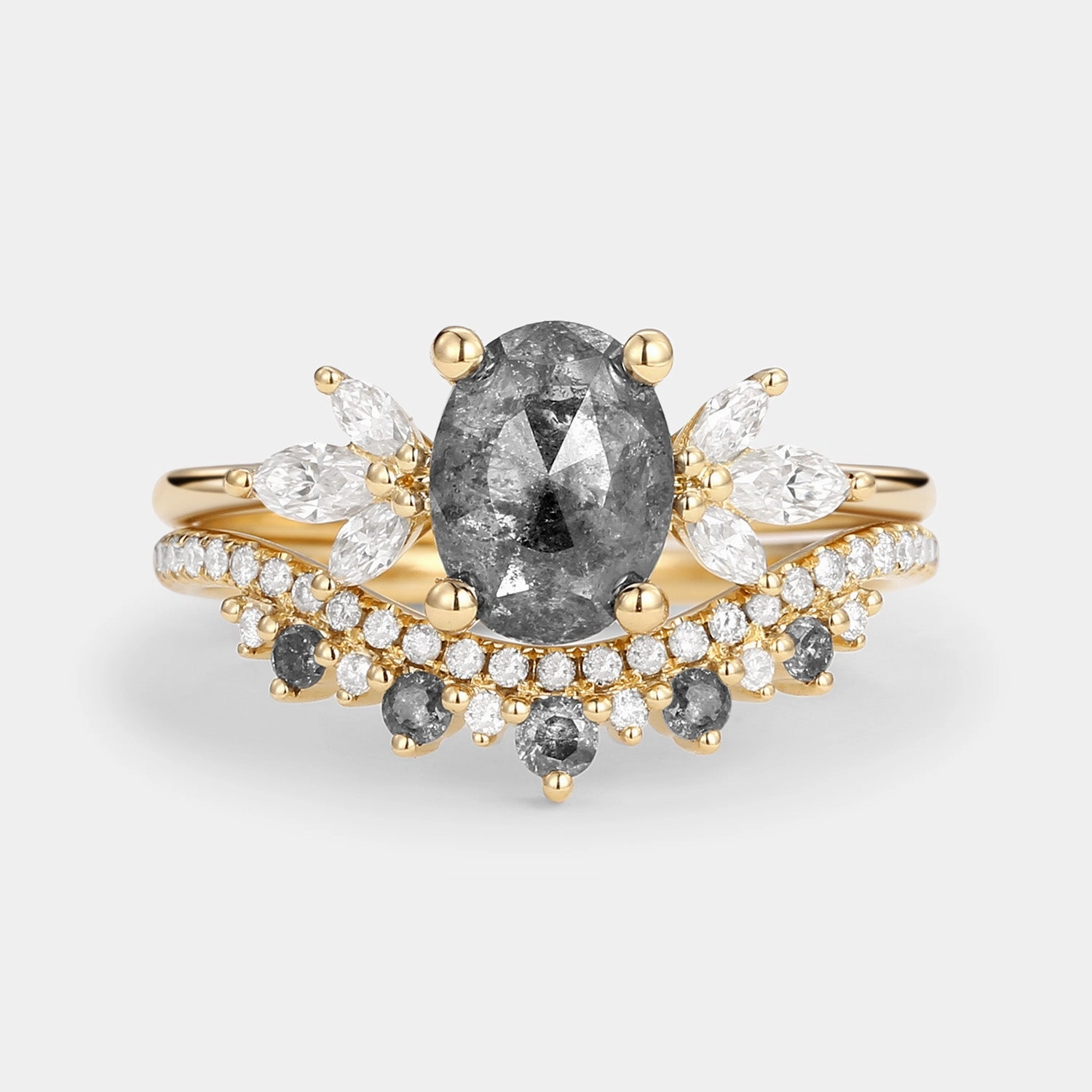 Butterfly Fairy Oval Cut Salt and Pepper Diamonds Engagement Ring Sets 2pcs Graceful Sparkle Gloss Touch