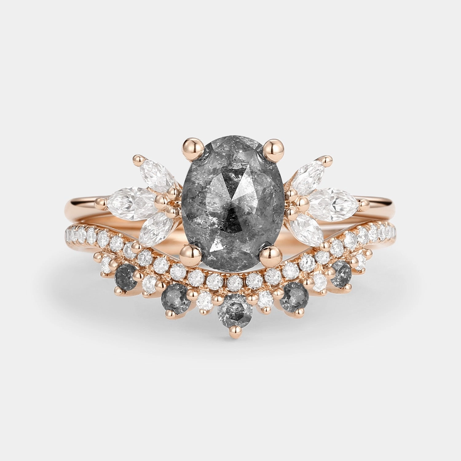 Luxury Finish Shine Butterfly Fairy Oval Cut Salt and Pepper Diamonds Engagement Ring Sets 2pcs