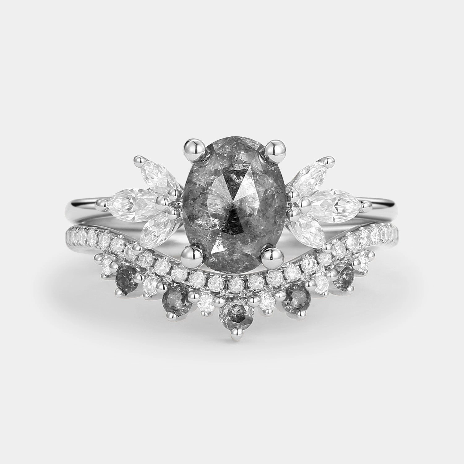 Butterfly Fairy Oval Cut Salt and Pepper Diamonds Engagement Ring Sets 2pcs refined design Bold Layer