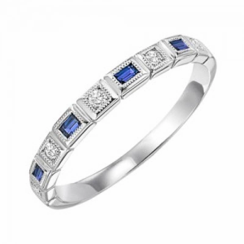 Solid Construction Sapphire Birthstone Diamond Emerald Cut Ring 10K White Gold