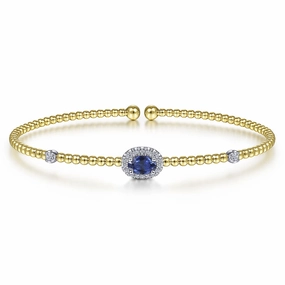 14K White-Yellow Gold Bujukan Sapphire and Diamond Halo Bangle Signature Style Lustrous Sparkle