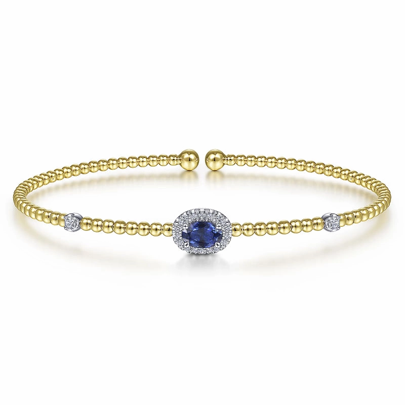 14K White-Yellow Gold Bujukan Sapphire and Diamond Halo Bangle Signature Style Lustrous Sparkle