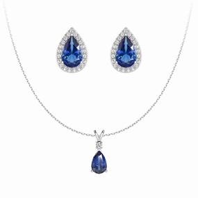 Pear Blue Sapphire Solitaire Pendant with Stud Earrings Set Flirty Accent Unique Shine