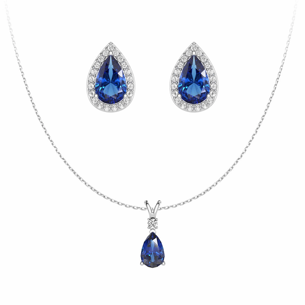 Pear Blue Sapphire Solitaire Pendant with Stud Earrings Set Vintage feel Polished Lines
