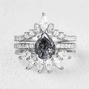 Artisan Detail Pear Shaped Black Rutilated Quartz Engagement Ring Set 3pcs