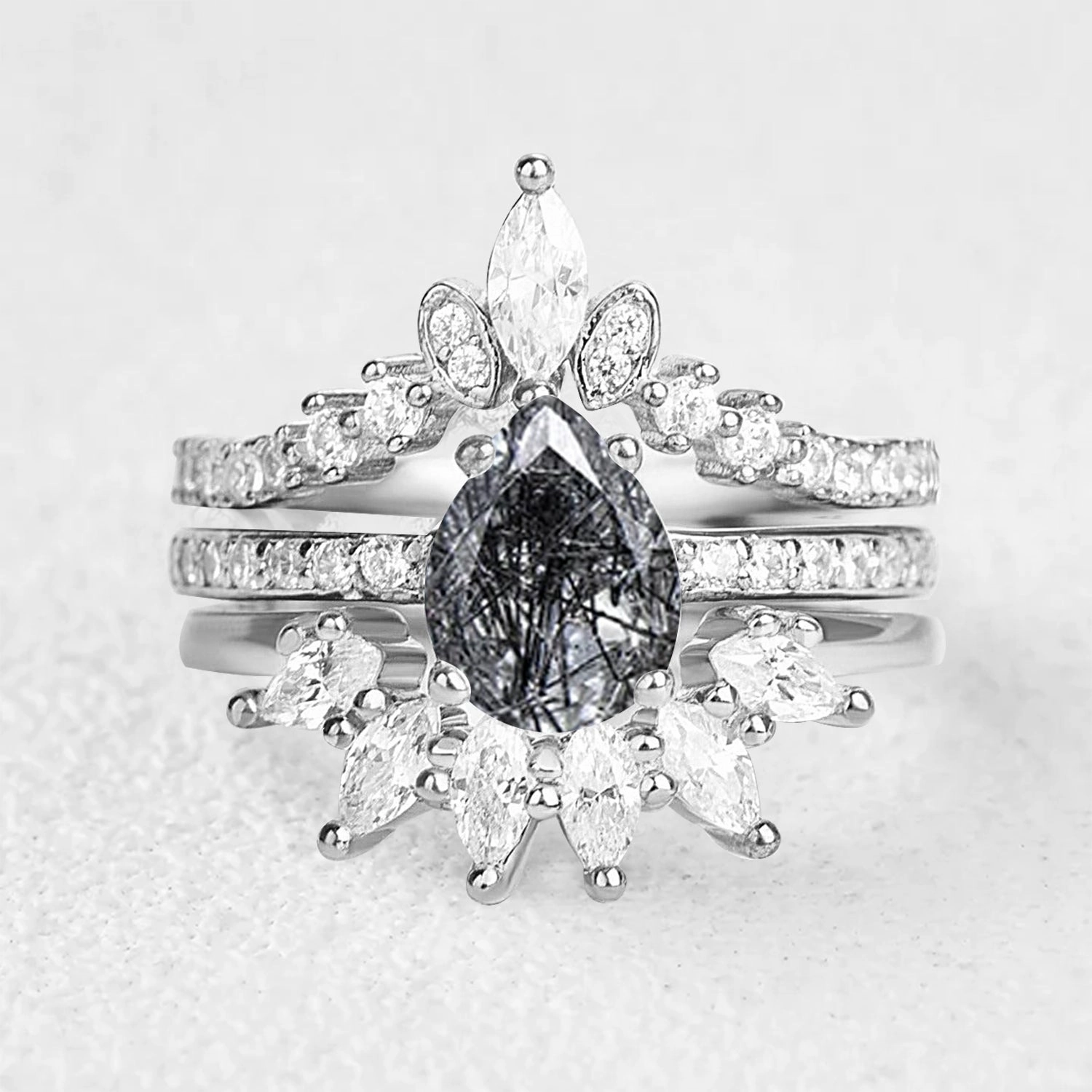 Minimal Daywear Pear Shaped Black Rutilated Quartz Engagement Ring Set 3pcs