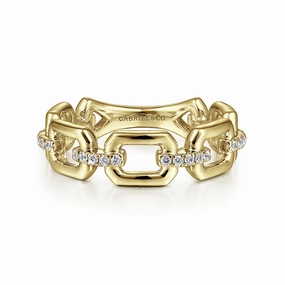 Soft Form Everyday Fashion 14K Yellow Gold Chain Link Stackable Ring Band with Diamond Connectors