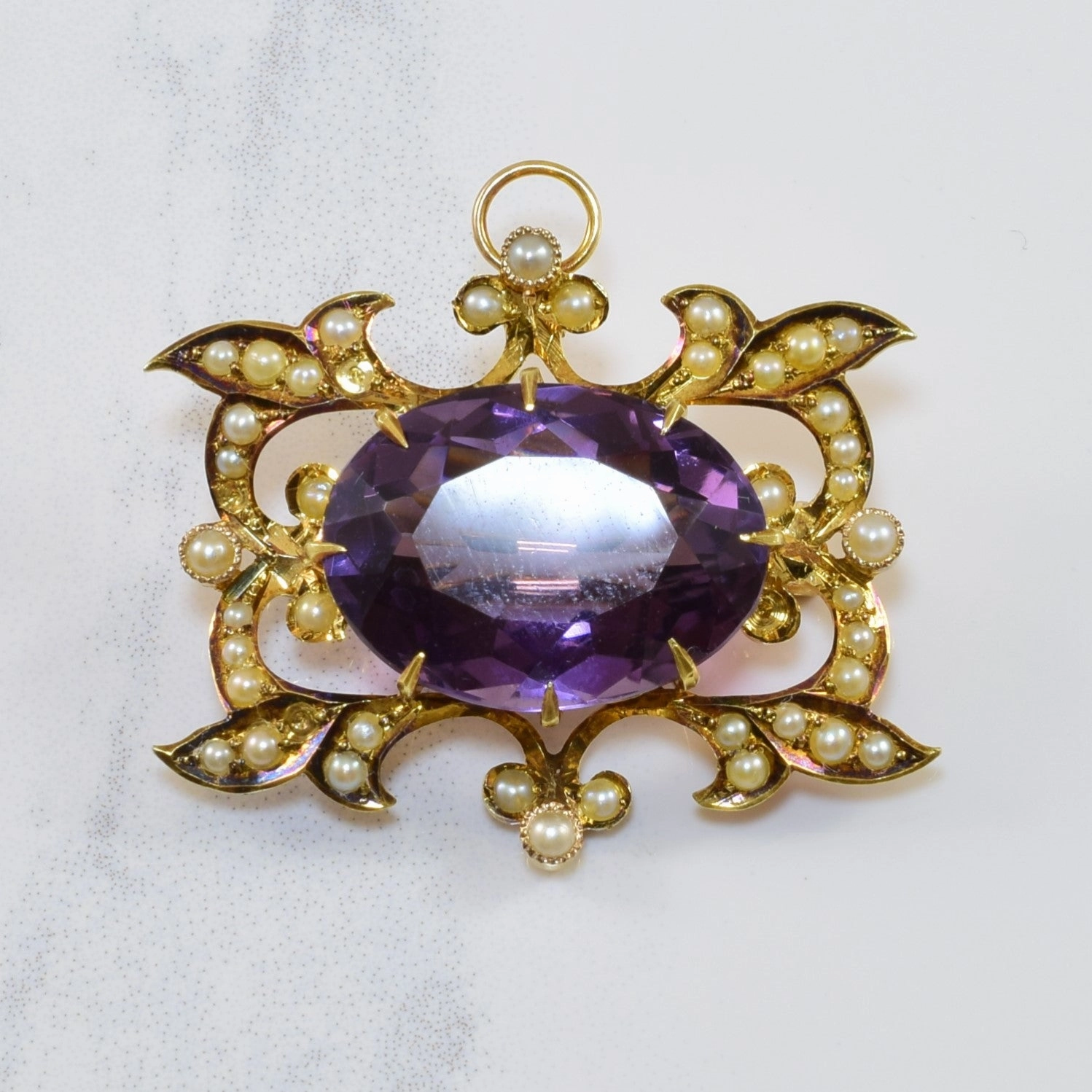 Edwardian Amethyst & Seed Pearl Pendant/Brooch | 12.50ct, 1.00ctw | Feminine Glow Creative Edge