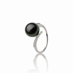 Tahitian Black Pearl Ring in White Gold with Diamonds - 10-11mm Versatile Accent Perfect Finish