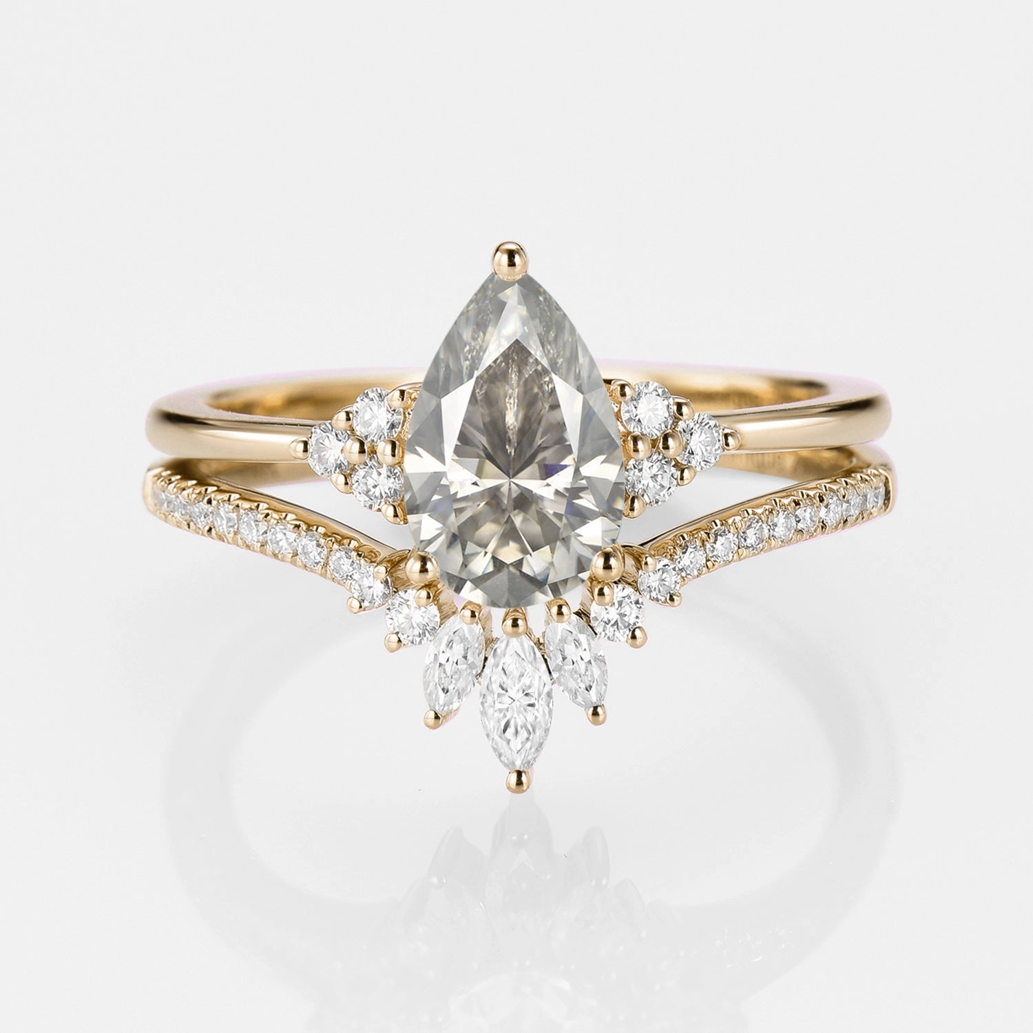 Modern Glow Tasteful Accent Classic Engagement - Pear Moissanite Engagement Ring Set 2pcs - Lydia