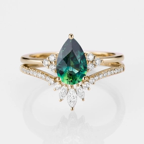 Classic Engagement - Pear Teal Sapphire Engagement Ring Set 2pcs - Lydia Refined Lines