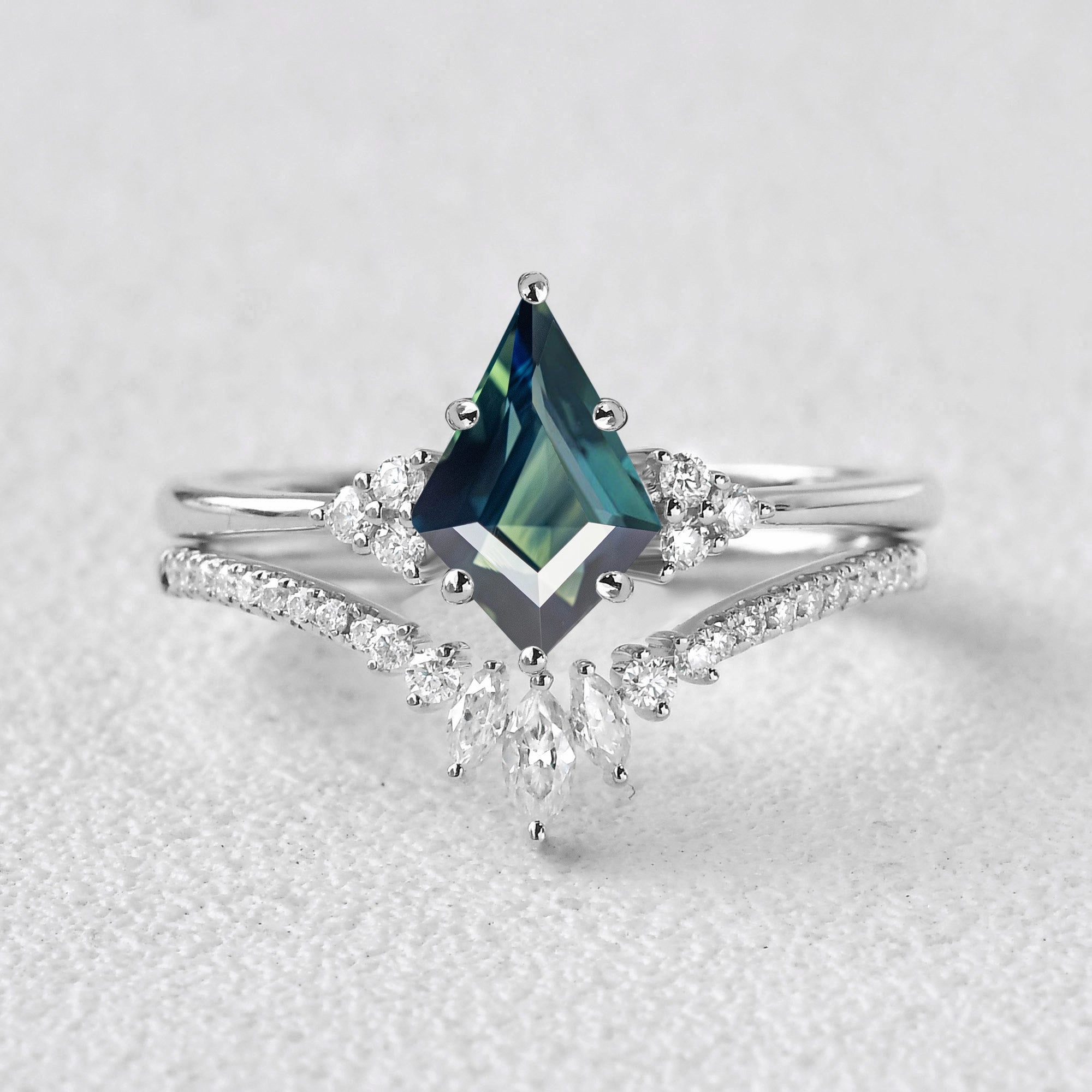 Cool Finish Romantic Occasion Classic Engagement - Unique Teal Sapphire Engagement Ring Set 2pcs - Lydia