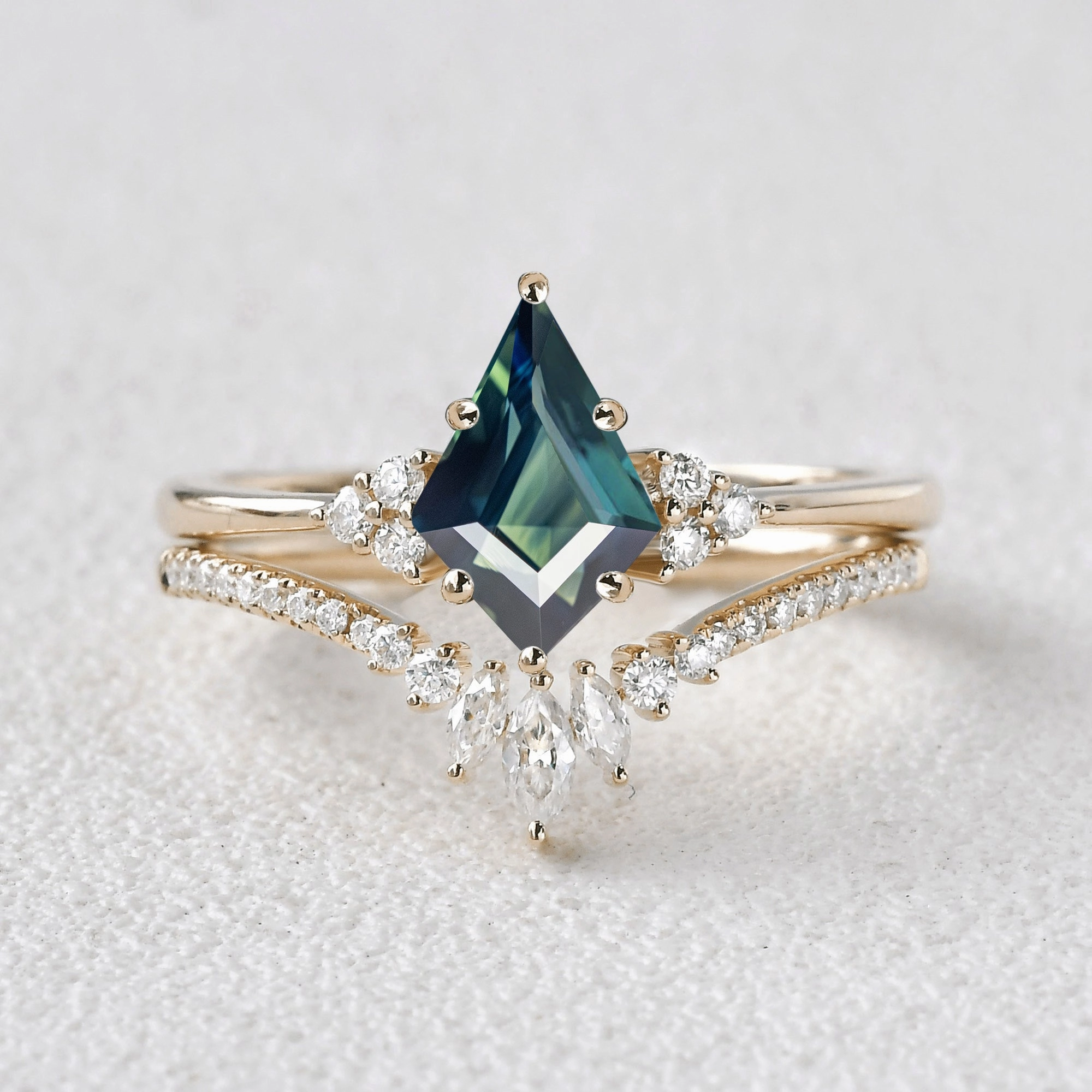 Classic Engagement - Unique Teal Sapphire Engagement Ring Set 2pcs - Lydia Dainty Edge