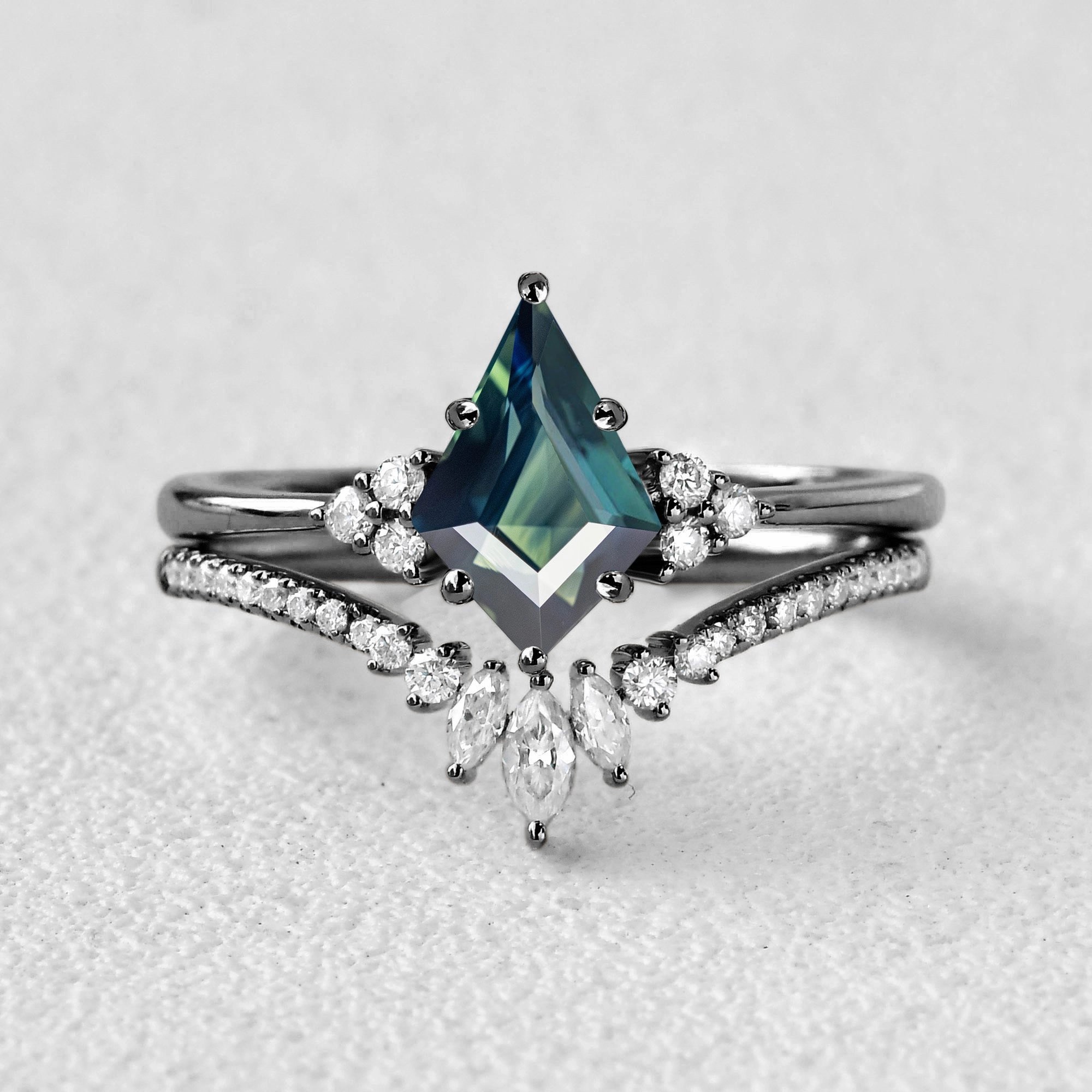 Classic Engagement - Unique Teal Sapphire Engagement Ring Set 2pcs - Lydia Classic Highlight