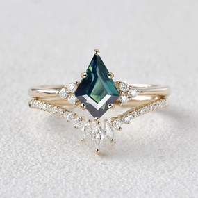 Effortless Edge Layered Look Classic Engagement - Unique Teal Sapphire Engagement Ring Set 2pcs - Lydia