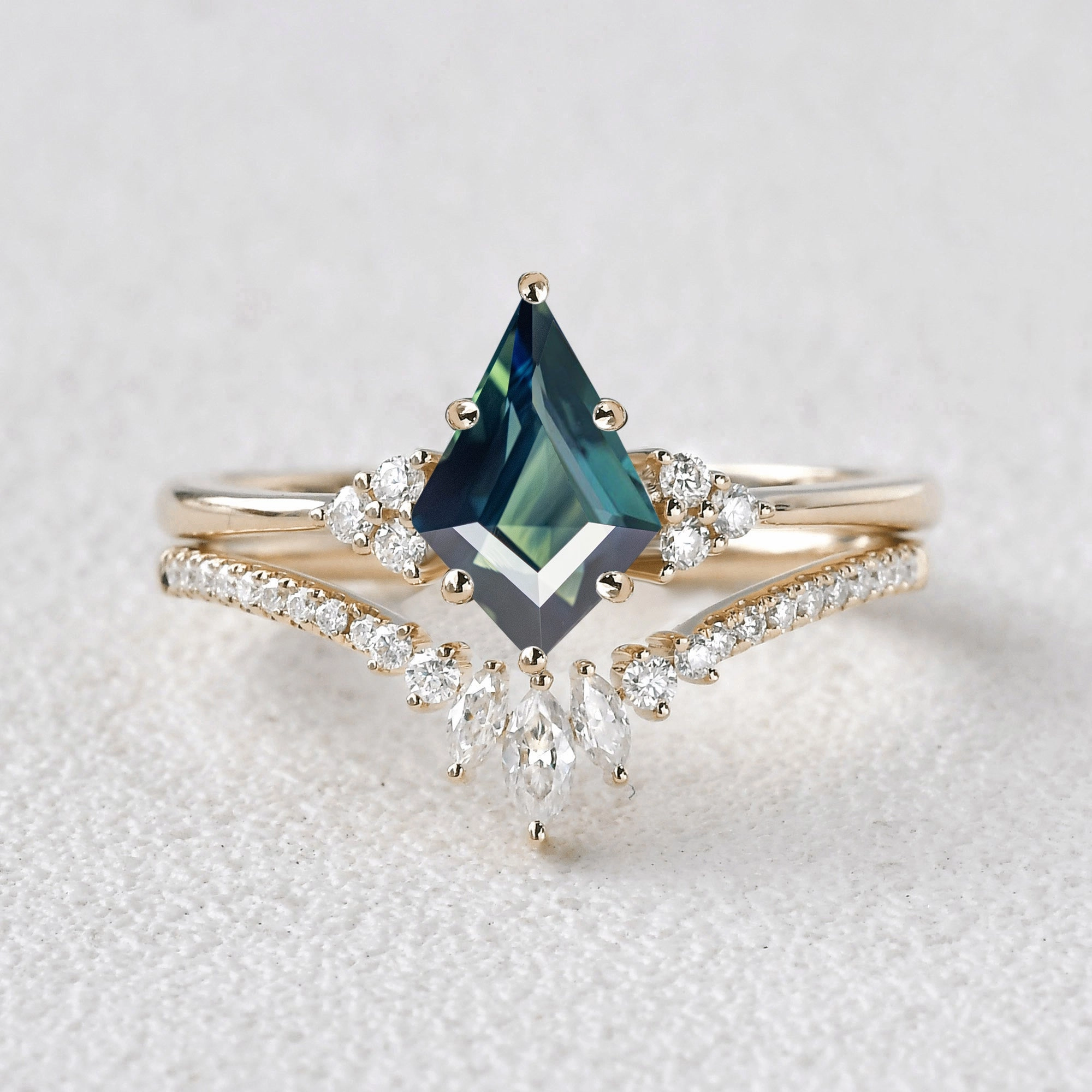 Effortless Edge Layered Look Classic Engagement - Unique Teal Sapphire Engagement Ring Set 2pcs - Lydia