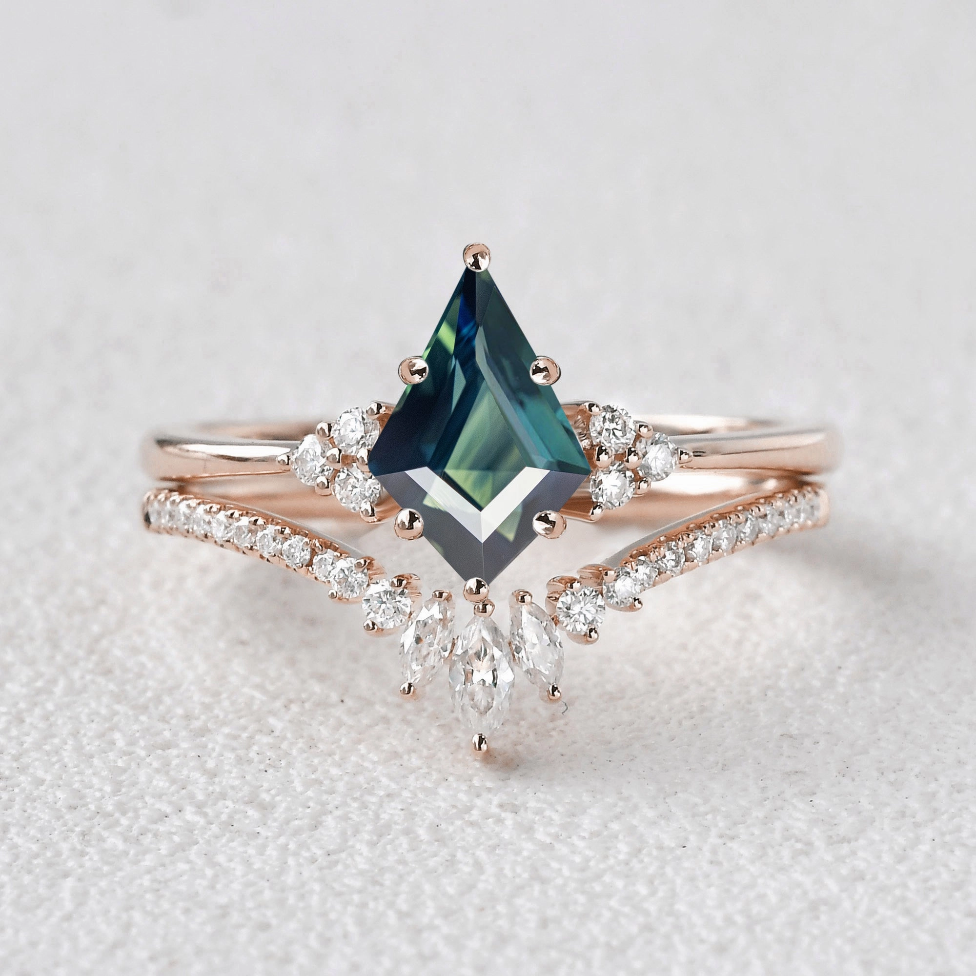 Classic Engagement - Unique Teal Sapphire Engagement Ring Set 2pcs - Lydia Artisan Made