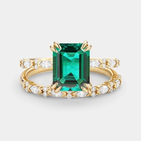 Red Dress Clean Detail Emerald Cut Lab Emerald Classic Gold Ring Set 2pcs