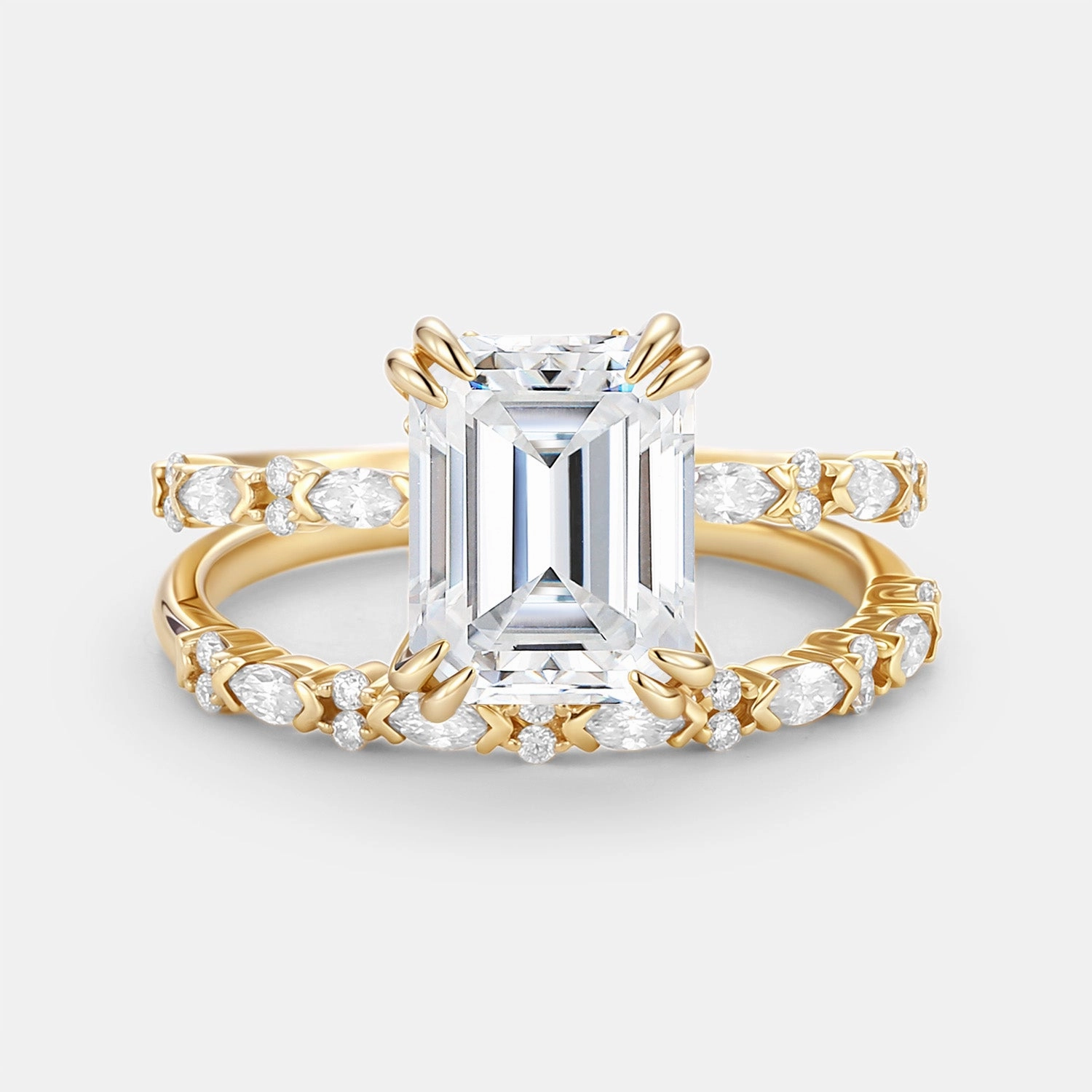 Emerald Cut Lab Emerald Classic Gold Ring Set 2pcs Timeless Fashion Vibrant Touch