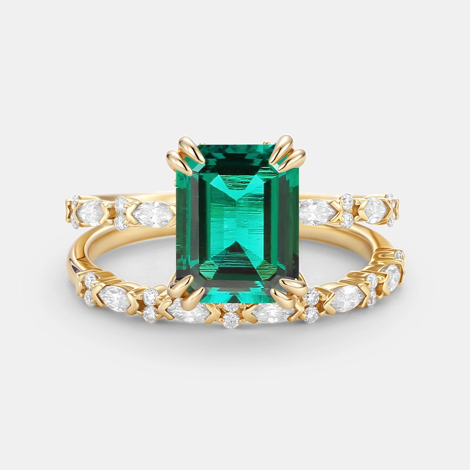Red Dress Clean Detail Emerald Cut Lab Emerald Classic Gold Ring Set 2pcs