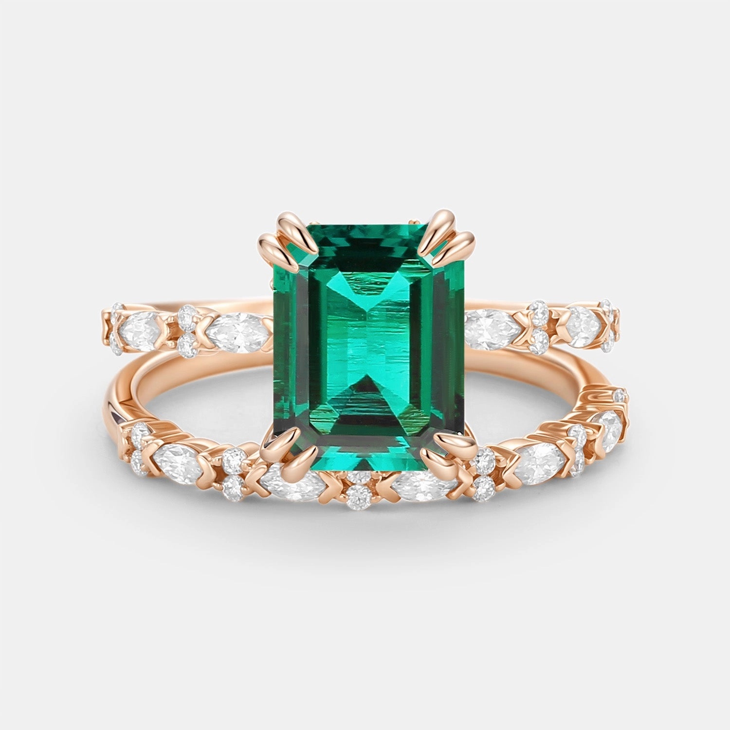 Emerald Cut Lab Emerald Classic Gold Ring Set 2pcs Casual Design Luxury Outfit