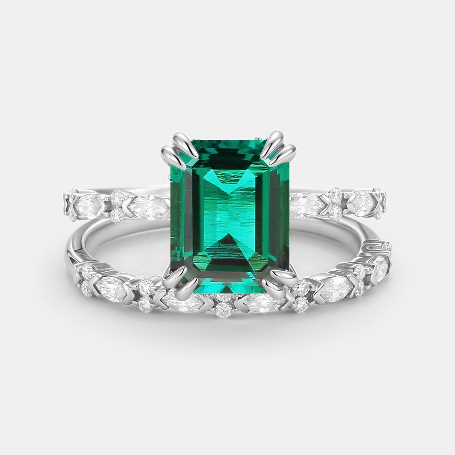 Emerald Cut Lab Emerald Classic Gold Ring Set 2pcs Refined Gift Radiant Jewelry