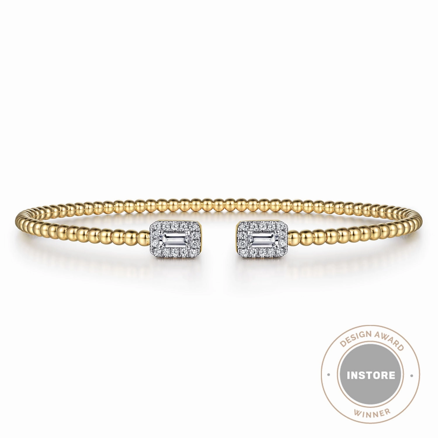 Bright Detail 14K Yellow Gold Bujukan Open Cuff Bracelet with Diamond Baguettes