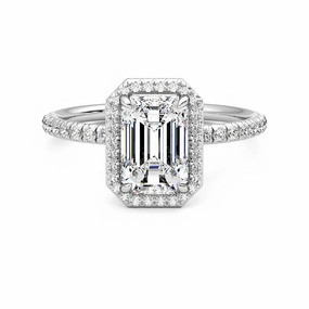 Shiny Lines Bold Glance Classic Halo Emerald Cut Moissanite Engagement Ring with Hidden Anniversary Stone Accent