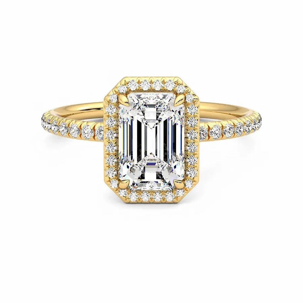 Delicate Style Classic Halo Emerald Cut Moissanite Engagement Ring with Hidden Anniversary Stone Accent