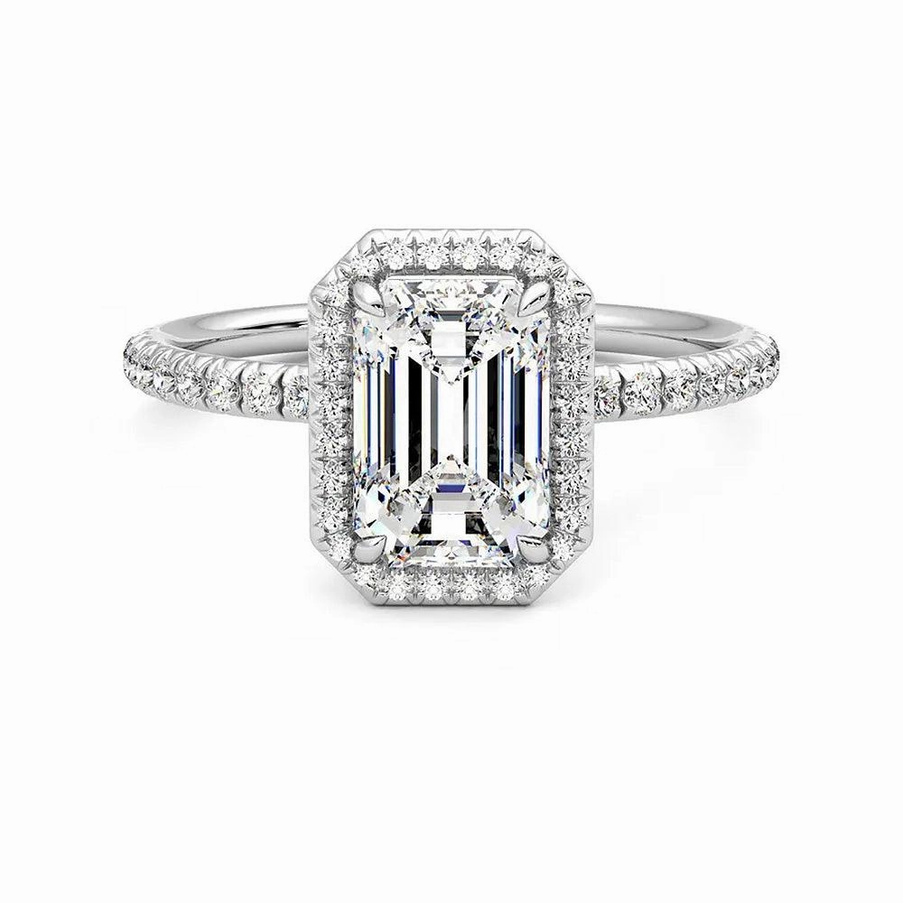 Classic Halo Emerald Cut Moissanite Engagement Ring with Hidden Anniversary Stone Accent Fashion Accessories