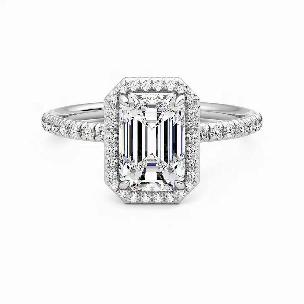 Shiny Lines Bold Glance Classic Halo Emerald Cut Moissanite Engagement Ring with Hidden Anniversary Stone Accent