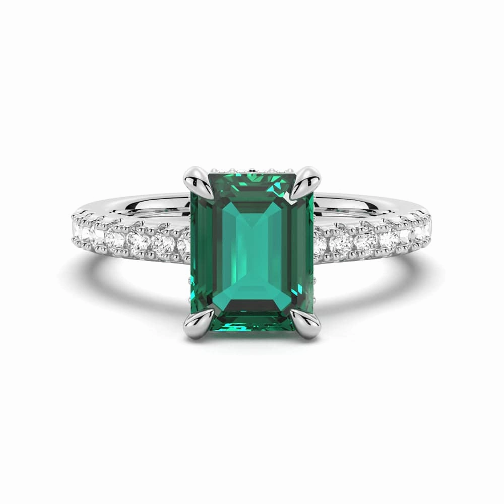 Ornate Edge 3 CT. Side Stone Lab Grown Emerald Engagement Ring With Hidden Halo