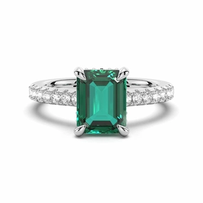 Ornate Edge 3 CT. Side Stone Lab Grown Emerald Engagement Ring With Hidden Halo