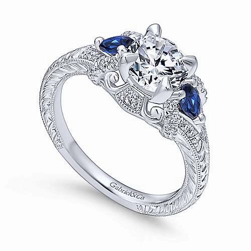 Fantastic Work Round Diamond Ring With Sapphire Accents 14K White Gold 496A